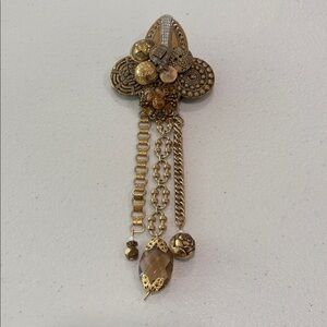 Vintage Glass & Metal Button Brooch with charms—BEAUTIFUL! Glass Beads—Artisan